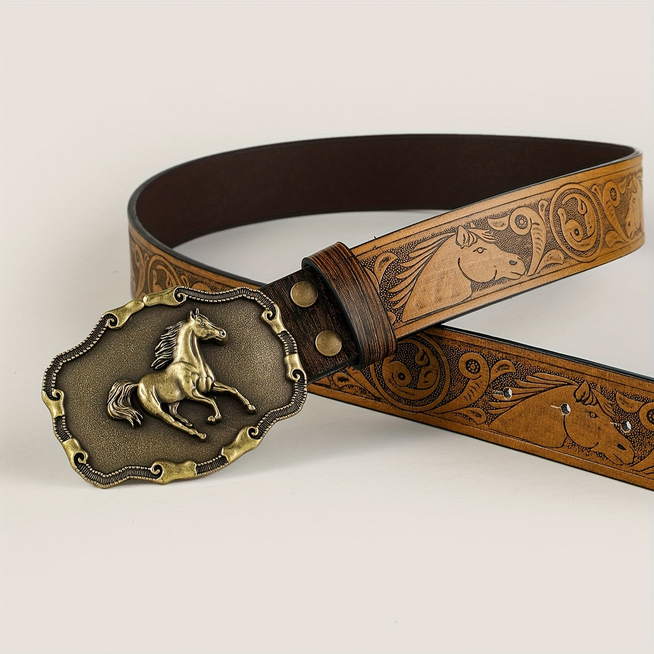 Western Horse Carved Buckle Belts Vintage Embossed Solid Color PU Waistband Classic Cowboy Cowgirl Jeans Pants Belt For Women & Men