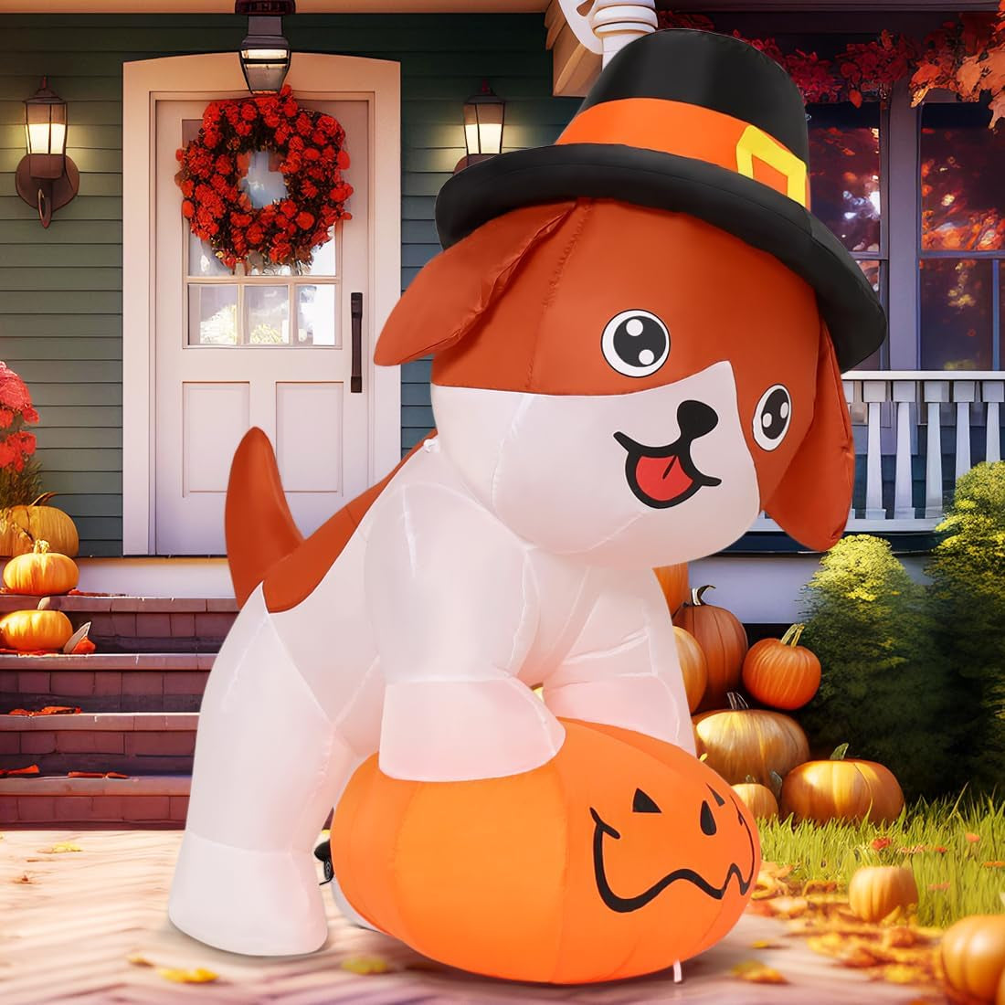 5.2 FT Thanksgiving Inflatables Dog Outdoor Decorations Blow Up Yard Cute Puppy Standing on a Pumpkin with Pilgrim Hat with Built-in LEDs for Garden Lawn Indoor Party Decor