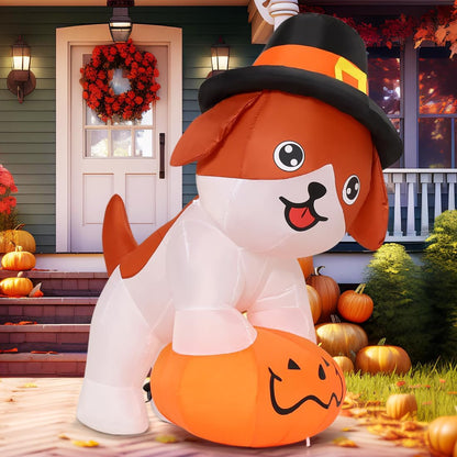 5.2 FT Thanksgiving Inflatables Dog Outdoor Decorations Blow Up Yard Cute Puppy Standing on a Pumpkin with Pilgrim Hat with Built-in LEDs for Garden Lawn Indoor Party Decor