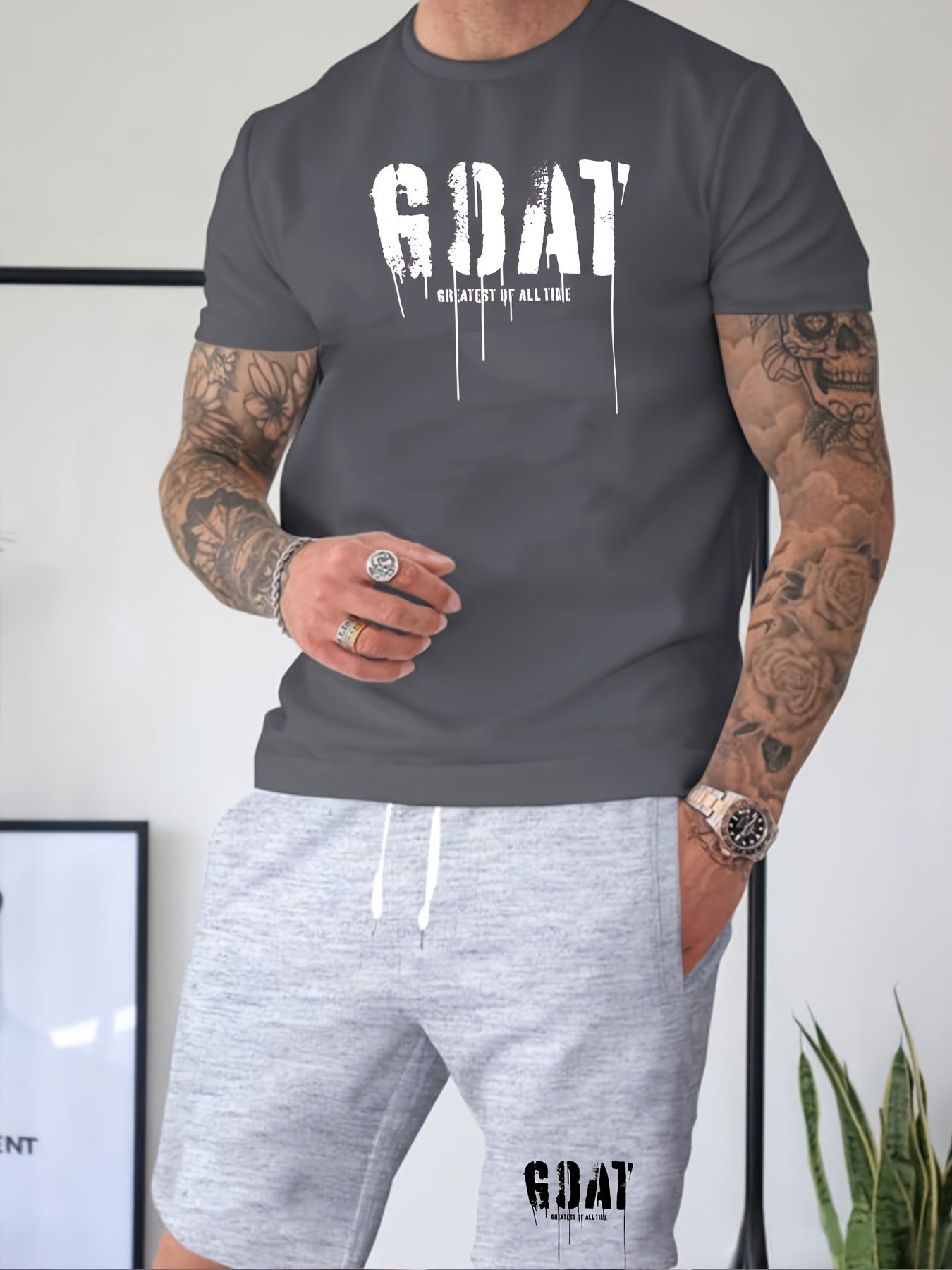 Mens Stylish Goat Print 2pcs Set - Casual Sportswear Outfit with Drawstring Shorts & Short Sleeve Top - Perfect for Spring Summer, Holidays, Leisure, Vacation, and Outdoor Fitness