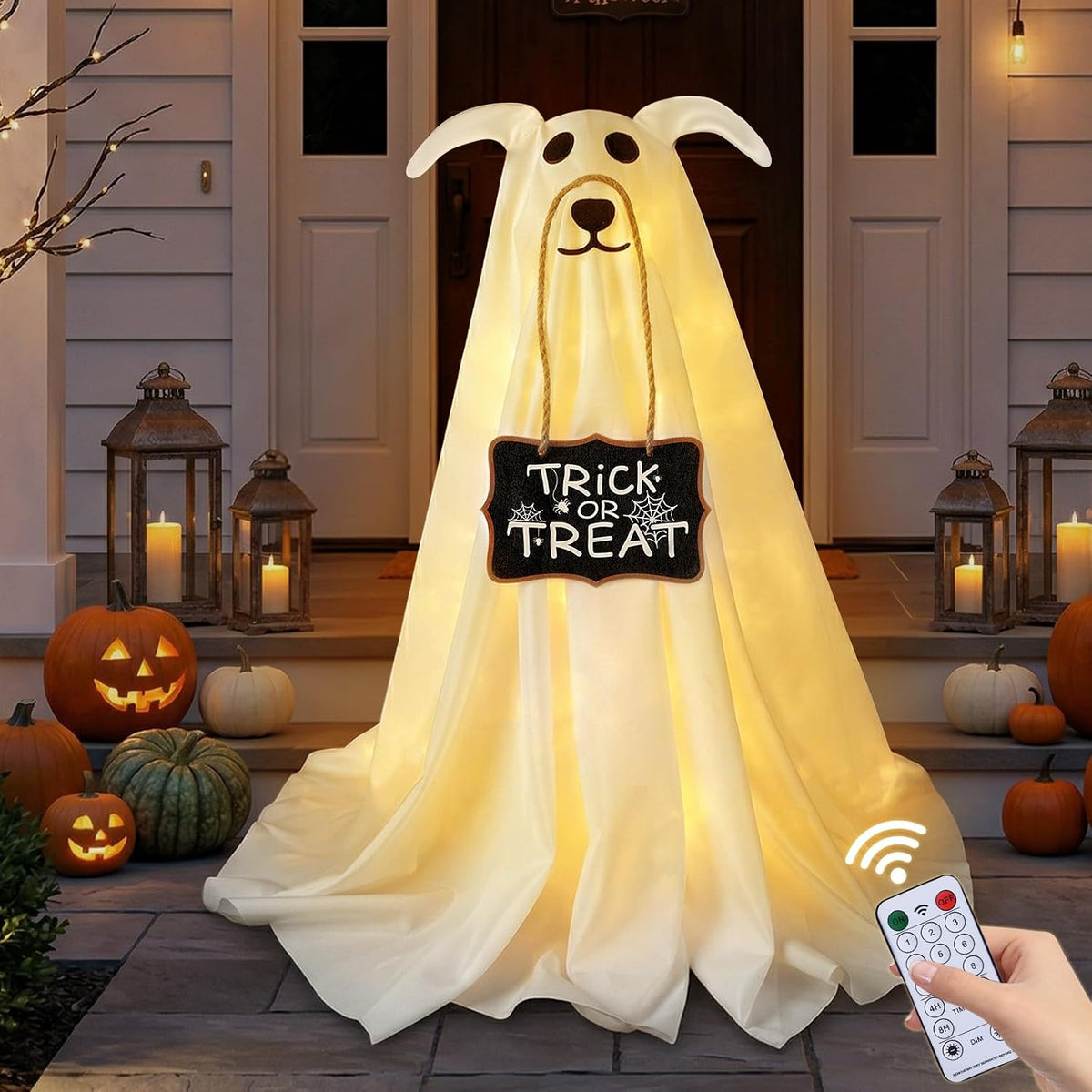 Halloween Decorations, 2.3 FT Light-Up Ghost Dog with Trick or Treat Sign