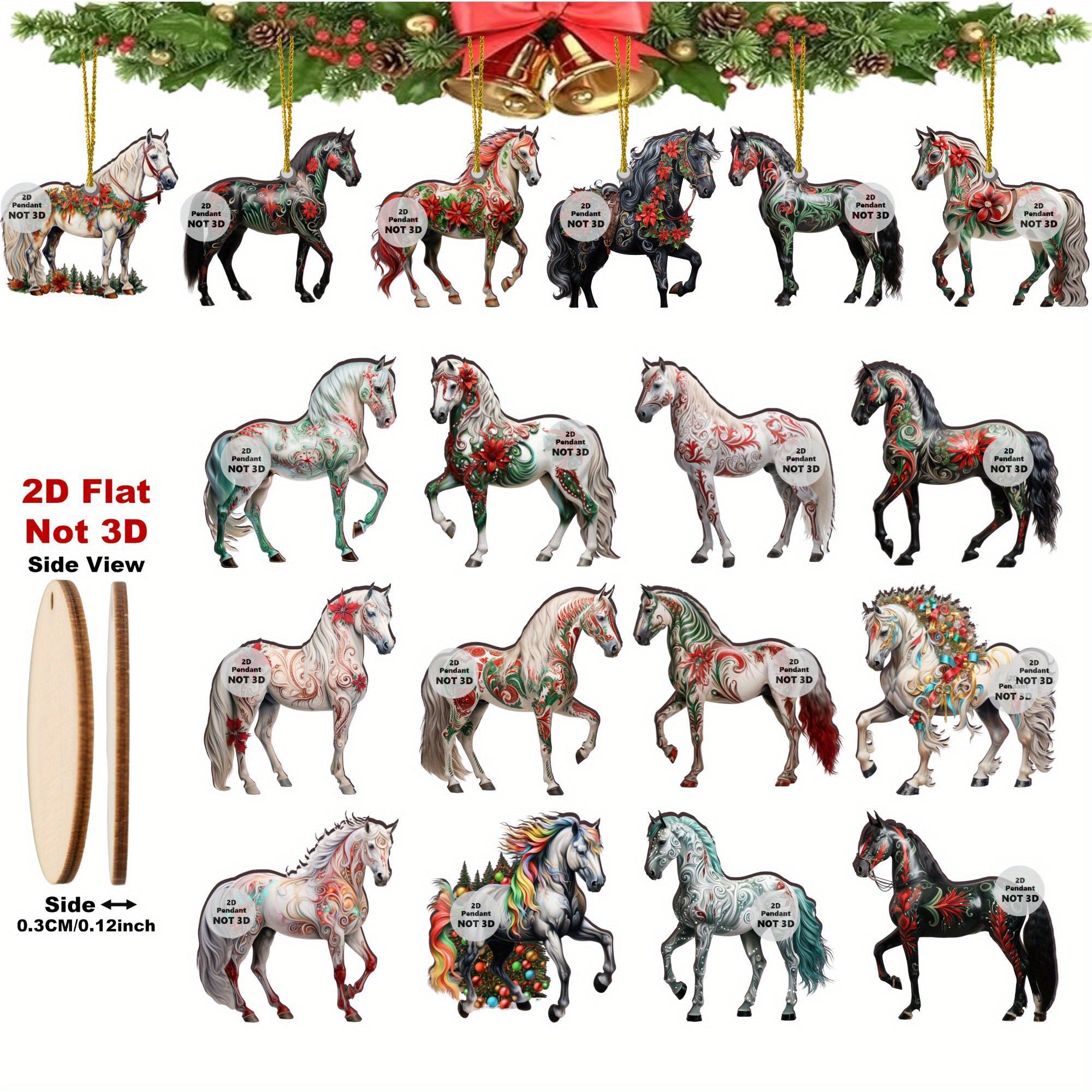 [Handcrafted Wooden Horse] 18pcs Handcrafted Wooden Horse Ornaments - 2D Flat, Festive Christmas Tree Decor with Golden Accents, Ideal for Holiday Home & Gift Tags, Perfect for Christmas, Halloween, Thanksgiving & New Year Ce