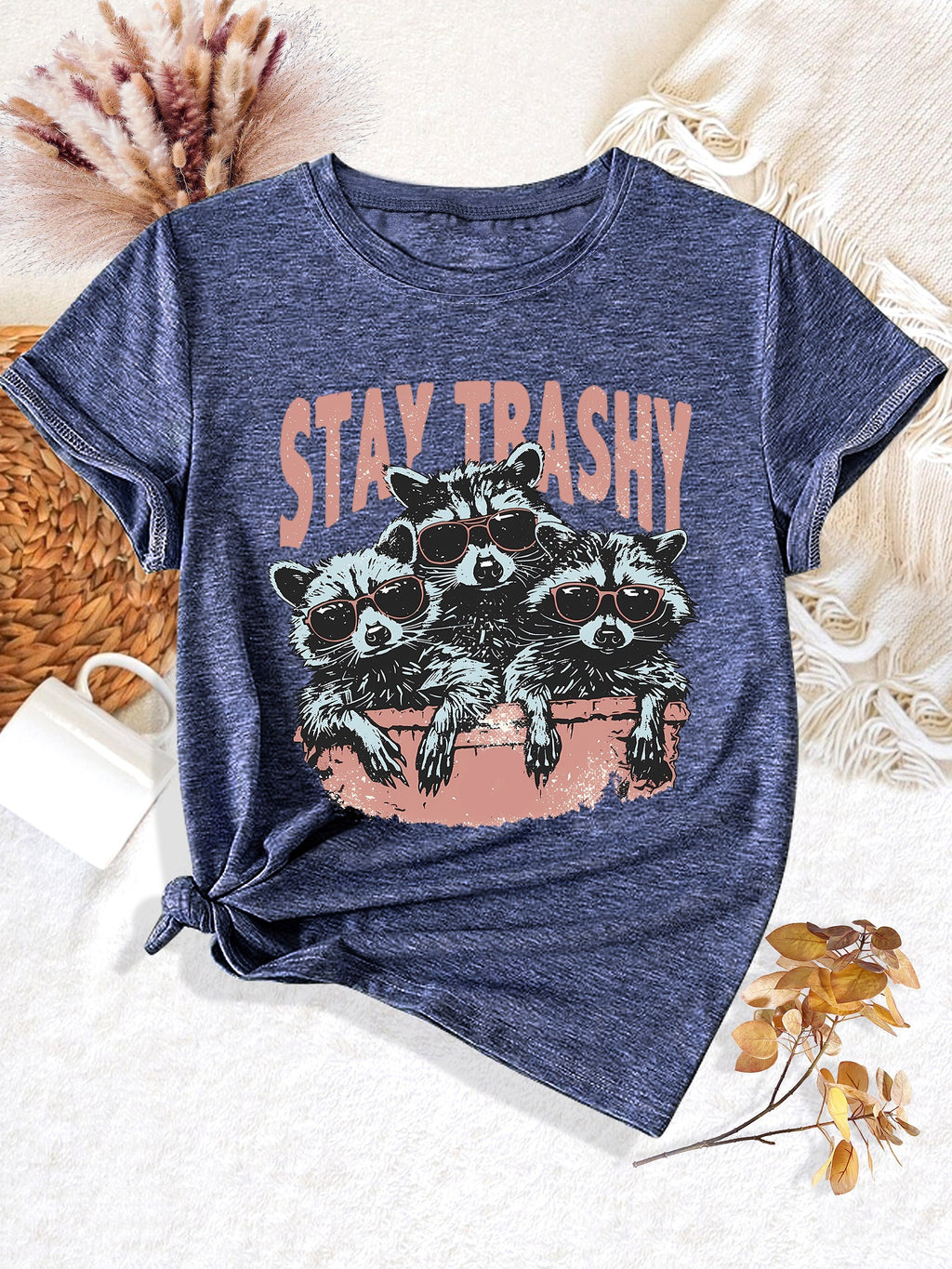Whimsical Animal Series - Three Little Raccoon Graphic Print Round Neck Short Sleeve Sports T-Shirt - Casual Fashionable, Trendy, Elegant, Retro-Inspired Top for Adult Women