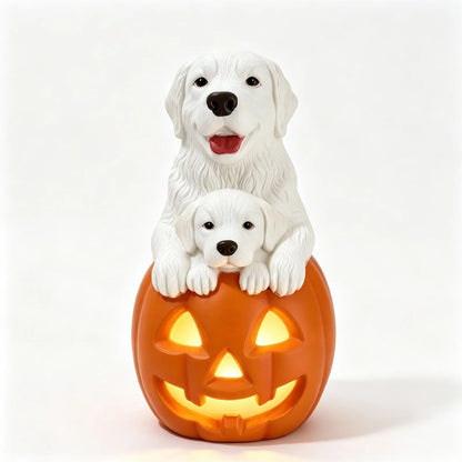 Halloween Illuminated Dog Figurine - 7.9in Scarecrow Dog Statue with Glowing Pumpkin, Waterproof Resin Table and Yard Decor