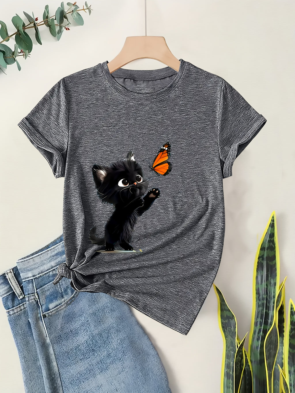 Soft Breathable 1pc Women's Casual Crew Neck T-Shirt - Black Cat and Butterfly Print, Short Sleeve, Machine Washable, Easy Care, Loose Fit, Chic Style, Spring/Summer Collection