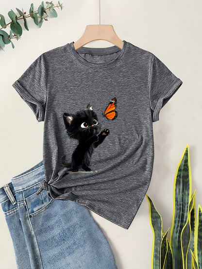 Black Cat and Butterfly Print T-Shirt