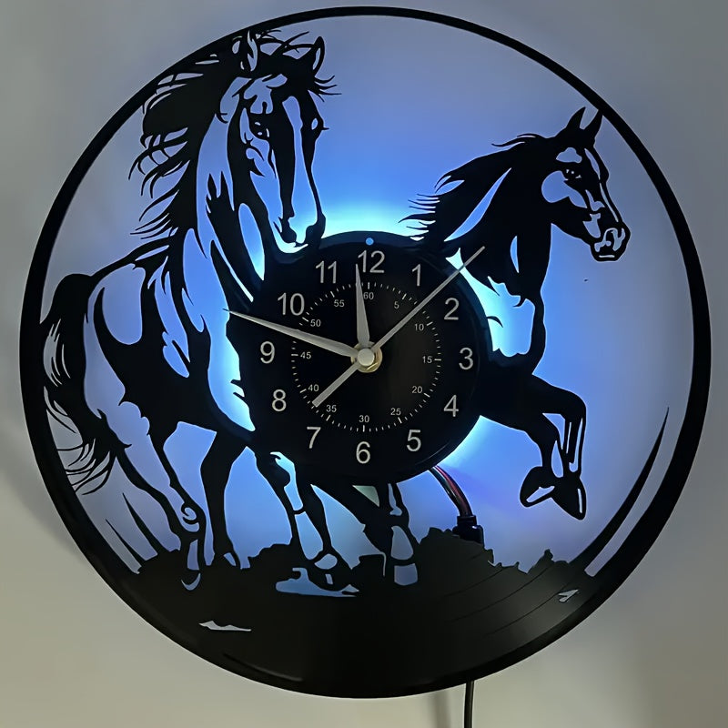 [Unique Vinyl LED Clock] Unique Luminous Vinyl LED Wall Clock | Handmade Running Horse Design Home Wall Art Decor for Living Room, Bedroom, Office, Garage, Kitchen | Original Gift for Birthday, Mothers Day, Spring Season, Gra