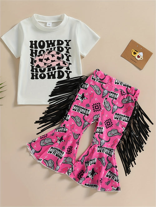 2pcs Toddler Girls Bull Head Graphic T-Shirt & Tassel Cow Graphic Flare Leg Pants Set for Summer Outdoor