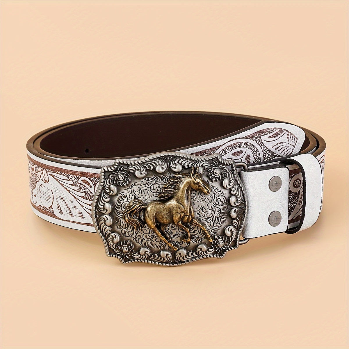 Western Horse Carved Buckle Belts Vintage Embossed Solid Color PU Waistband Classic Cowboy Cowgirl Jeans Pants Belt For Women & Men