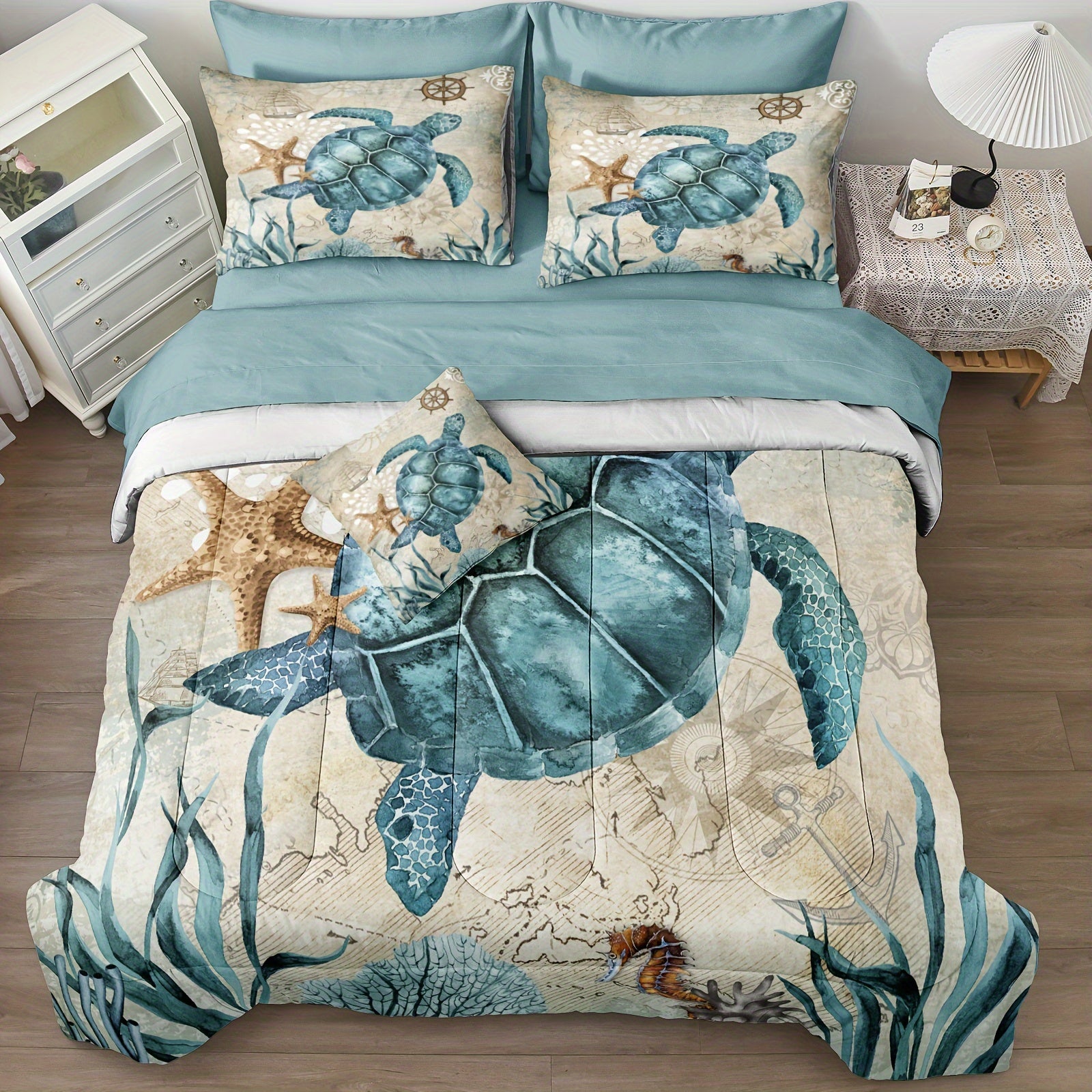 8 Pieces Blue Green Comforter Set Ocean Life Bed In A Bag Turtle Beach Bedding Set Hawaii Style Summer Lightweight Bedding Comforter Set 200g Microfiber Filling Soft Lightweight Comforter Set For All Seasons