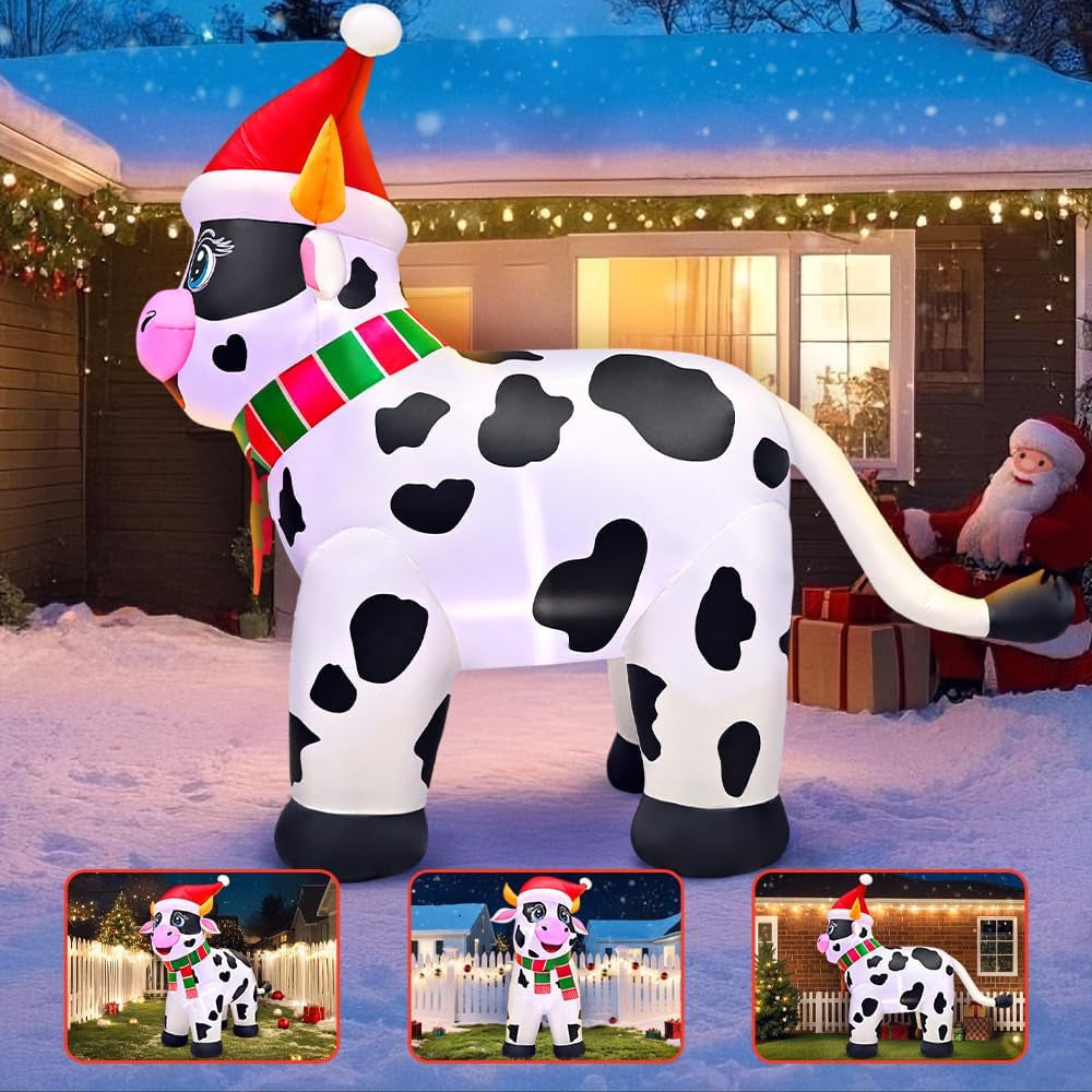 5.6FT Inflatable Cow Farm Animals for Christmas Outdoor Decorations with Built-in LED Lights - Festive Yard Decor for Holiday Parties and Indoor Garden Use