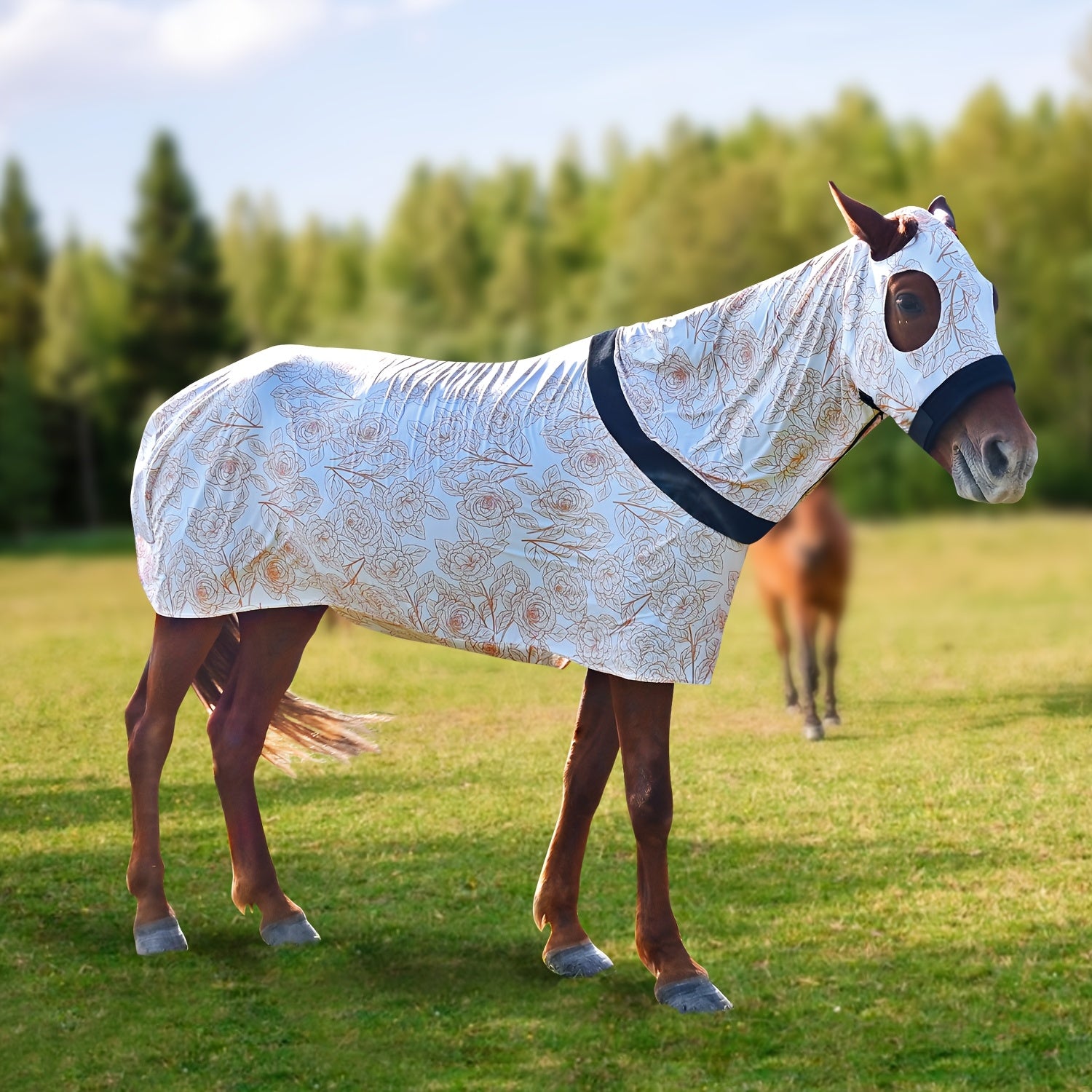 1pc EquiStar Horse Blanket with Neck Cover - Full Body Elastic Thin Polyester Fiber Horse Sheet, All Breed Sizes, Zippered Soft Comfort Protection from Mosquitoes and Flies