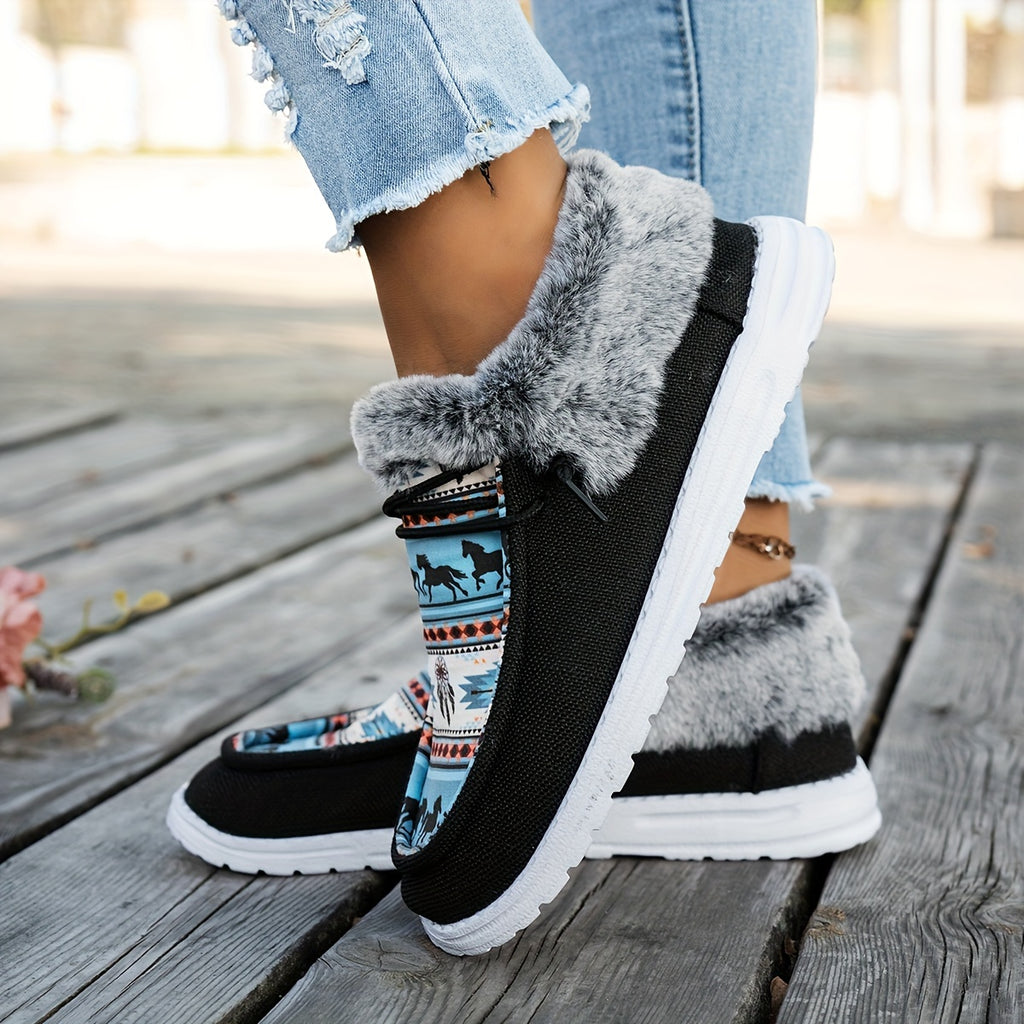 Velvet Horse Pattern Canvas Shoes - Women's Casual Round Head Elastic Strap Flat Sports Shoes with Breathable, Non-Slip, and Easy Wear Features - Perfect for Light Work and Daily Wear
