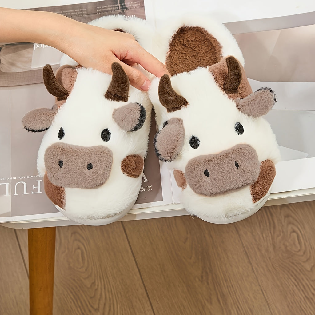 Cozy Home Cute Cartoon Cow Plush Half- Slippers, Couple Matching Style, Thickened and Warm, Women Shoes