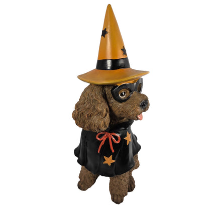 Halloween Themed Goldendoodle Figurine in Witch Costume - 14 Inch Pumpkin Decor