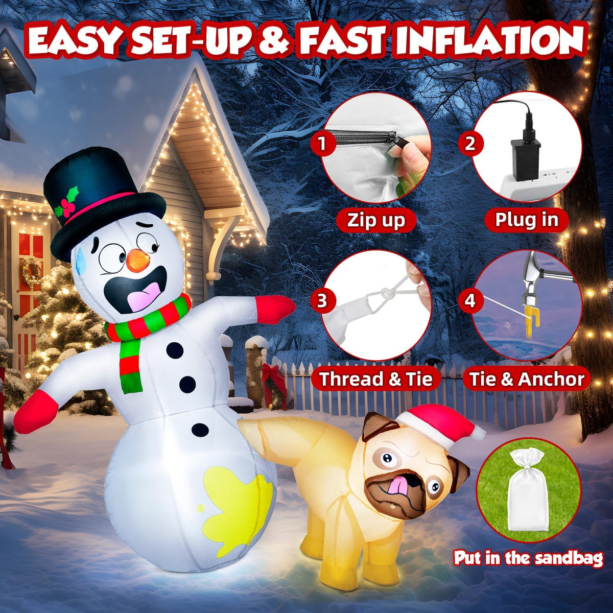 5FT Christmas Inflatable Pug Dog Peeing on Snowman with Built-in LED Lights - Outdoor Holiday Yard Decoration for Christmas and New Year Celebrations