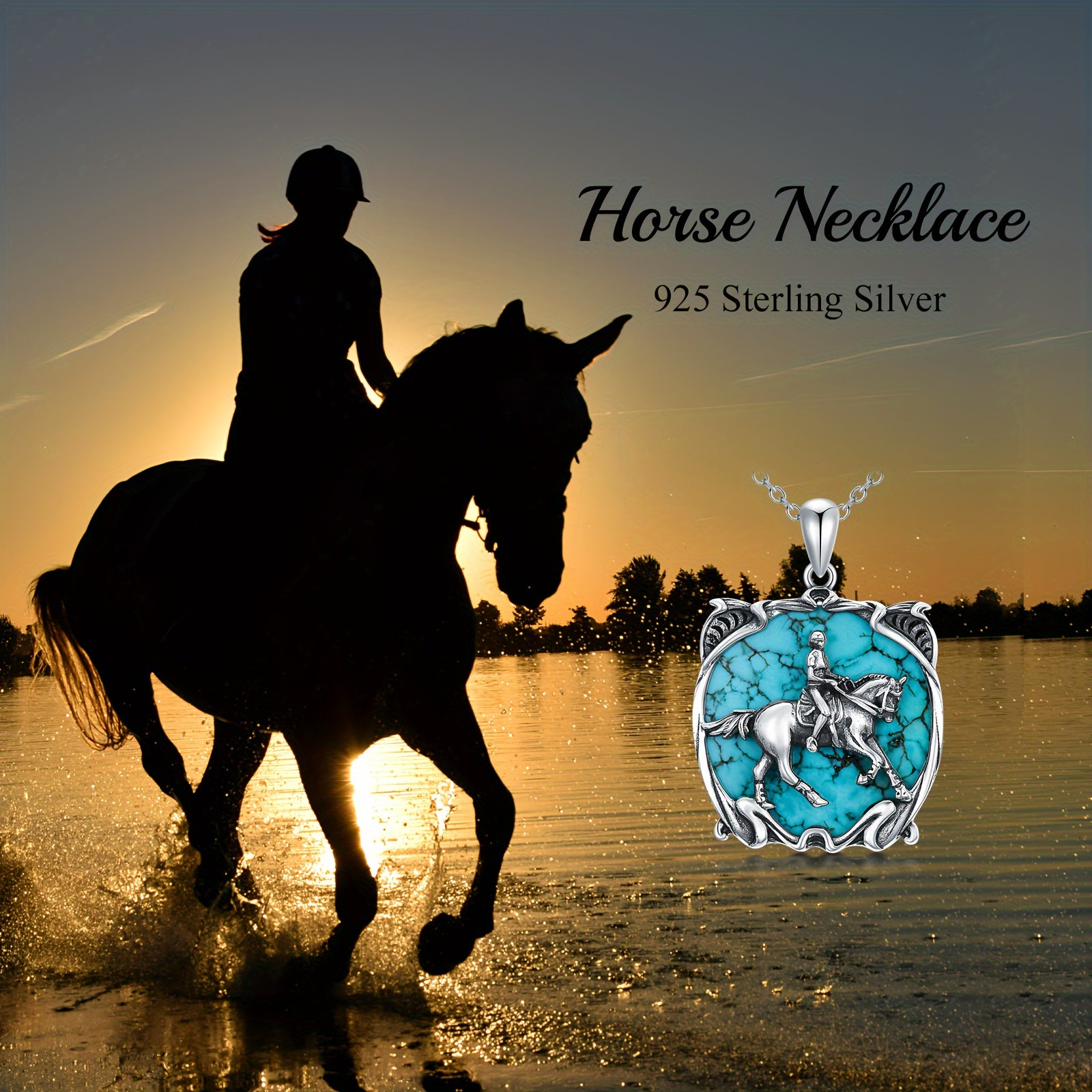 Turquois Horse Necklace For Women 925 Sterling Silver Genuine Turquoise Gemstone Horse And Women Pendant Horse Jewelry Gift Birthday Mother's Day