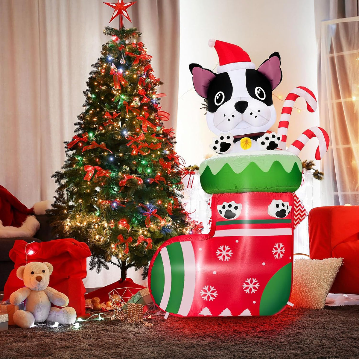 6FT Inflatable Christmas Dog in Stocking with LED Lights and Candy Cane - Outdoor Holiday Yard Decoration for Parties and Gardens