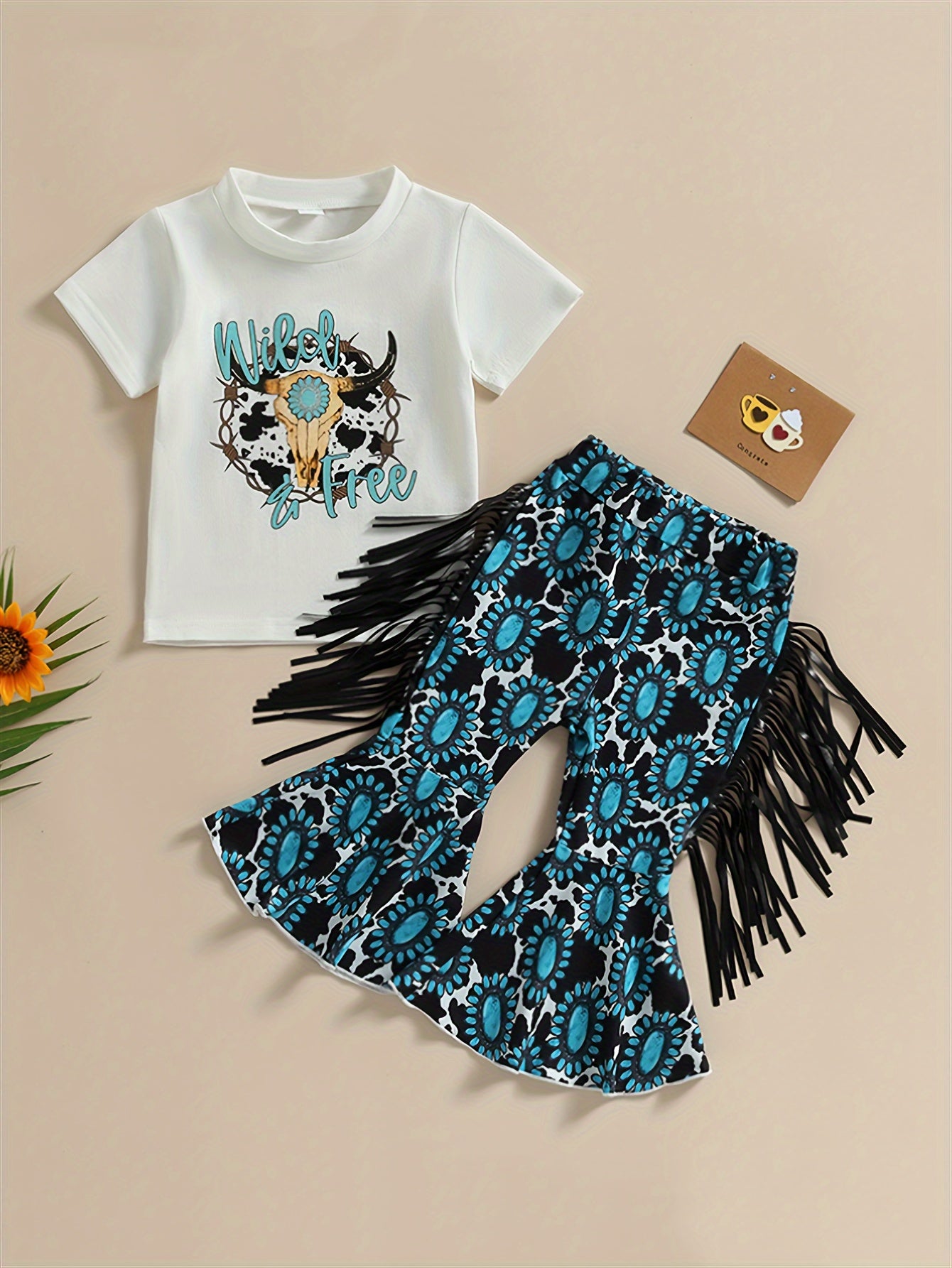 2pcs Toddler Girls Bull Head Graphic T-Shirt & Tassel Cow Graphic Flare Leg Pants Set for Summer Outdoor