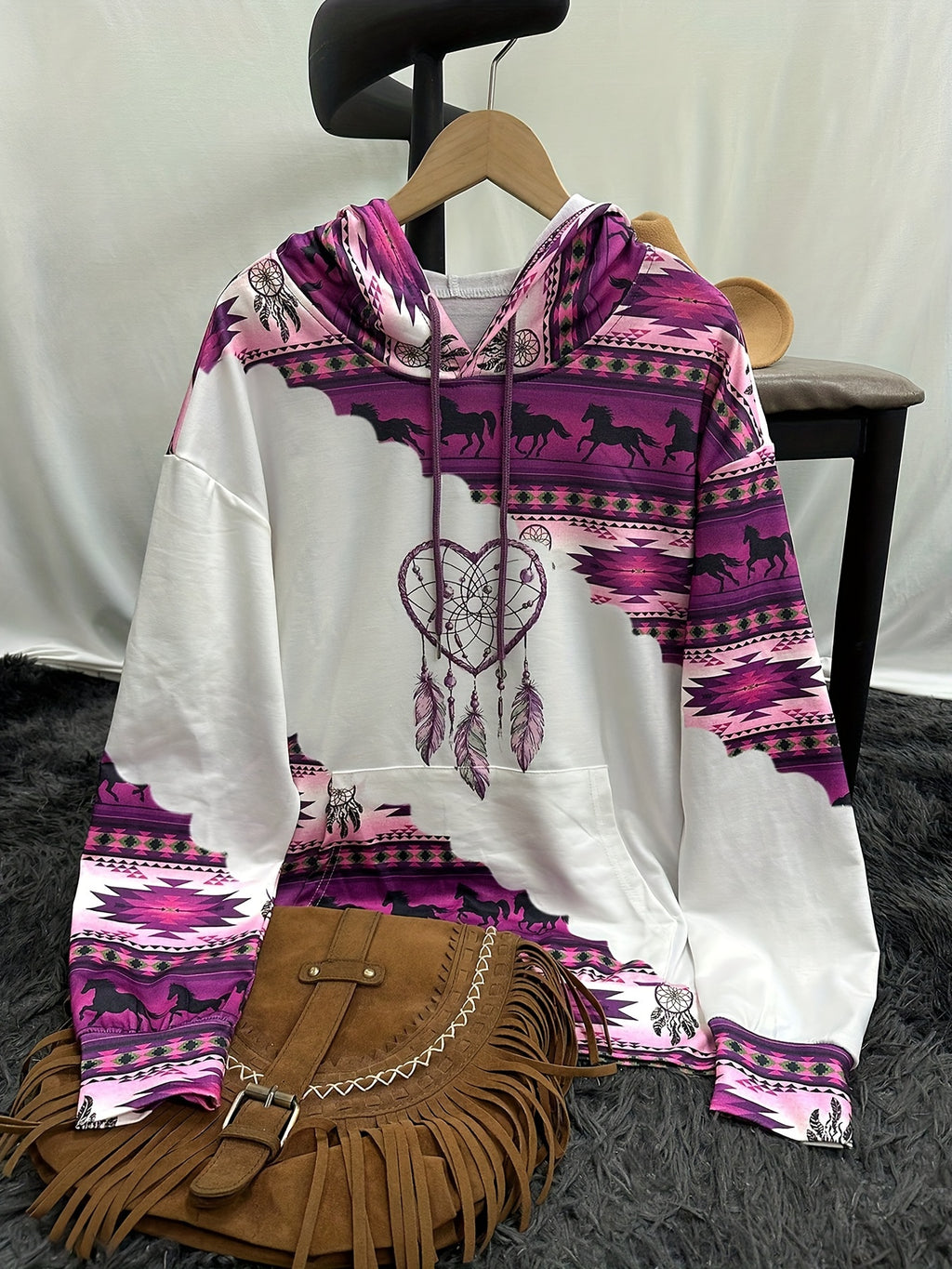 Women's Boho-Chic Western Hoodie with Dreamcatcher & Horse Print - Vintage-Inspired Casual Pullover in Beige, Purple, and White, Polyester Blend, Machine Washable