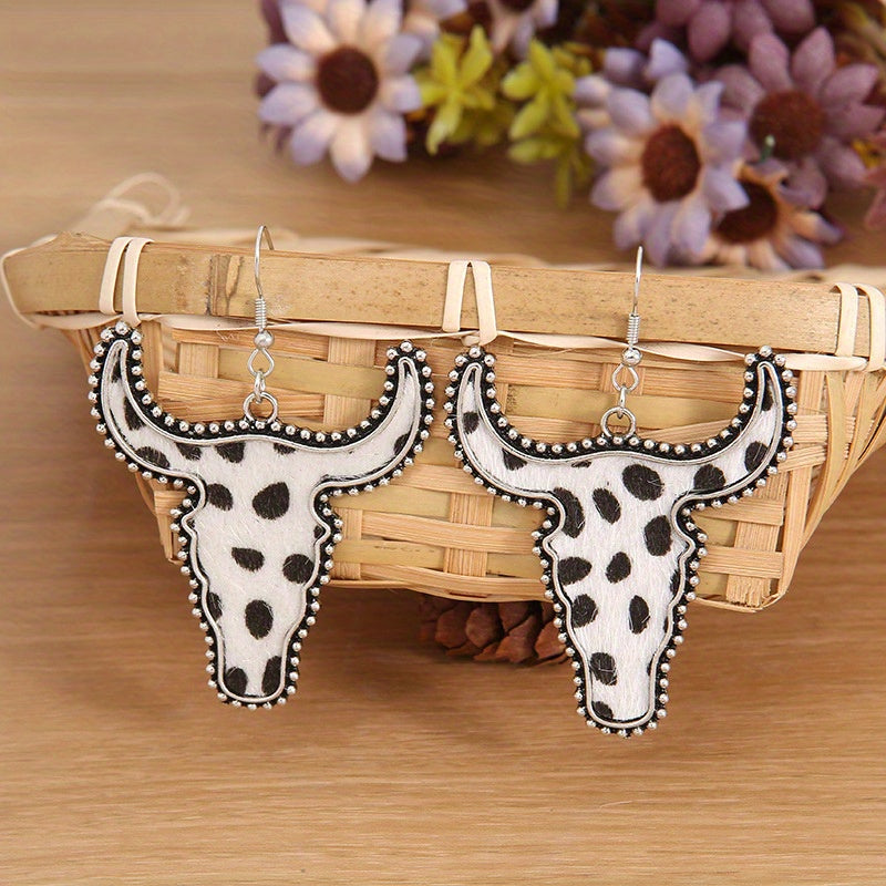 Flocking Cow/ Leopard Pattern Bull Head Design Dangle Earrings Retro Ethnic Style Western Holiday Earrings