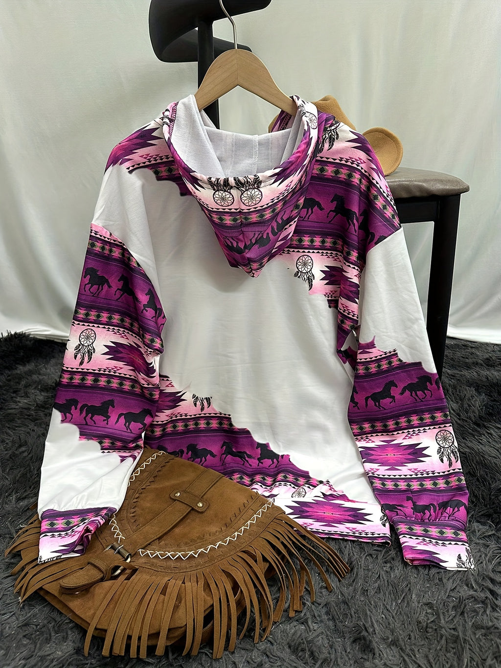 Women's Boho-Chic Western Hoodie with Dreamcatcher & Horse Print - Vintage-Inspired Casual Pullover in Beige, Purple, and White, Polyester Blend, Machine Washable