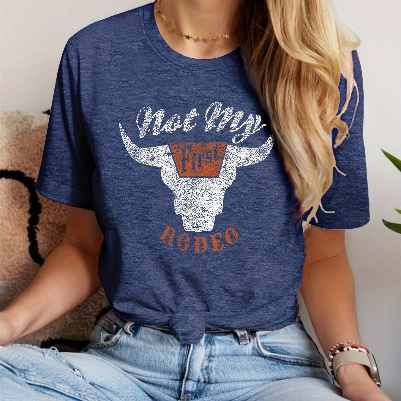 Rodeo Cow Head Print T-shirt, Casual Crew Neck Short Sleeve T-shirt, Women's Clothing