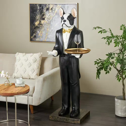 26 in. x 64 in. White Resin Waiter Dog Floor Sculpture with Gold Bow Tie and Plate