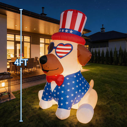 4FT Patriotic Independence Day 4th of July Memorial Day Inflatable Outdoor Decoration, Pug in Uncle Sam Hat, LED Lights Holiday Blow Up for Fourth July Party Garden Yard Lawn Decor