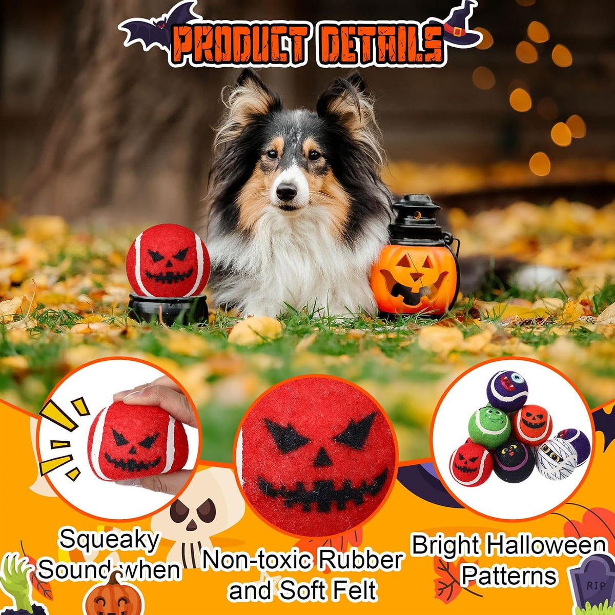 6 Pcs Halloween Dog Toys Bulk, 2.5 Inch Squeaky Tennis Balls Gifts