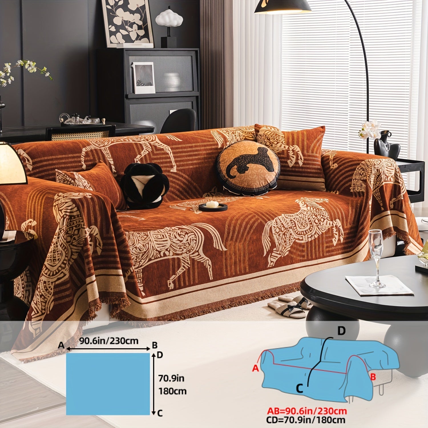 Luxurious Chenille Sofa Cover with Horse Design - Dual-Tone, Pet-Friendly & Machine Washable for Armchairs to L-Shaped Couches - Modern Home Decor Gift