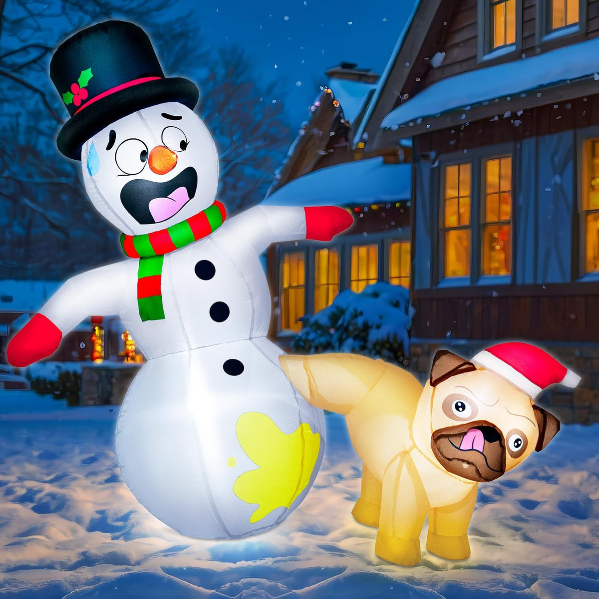 5FT Christmas Inflatable Pug Dog Peeing on Snowman with Built-in LED Lights - Outdoor Holiday Yard Decoration for Christmas and New Year Celebrations