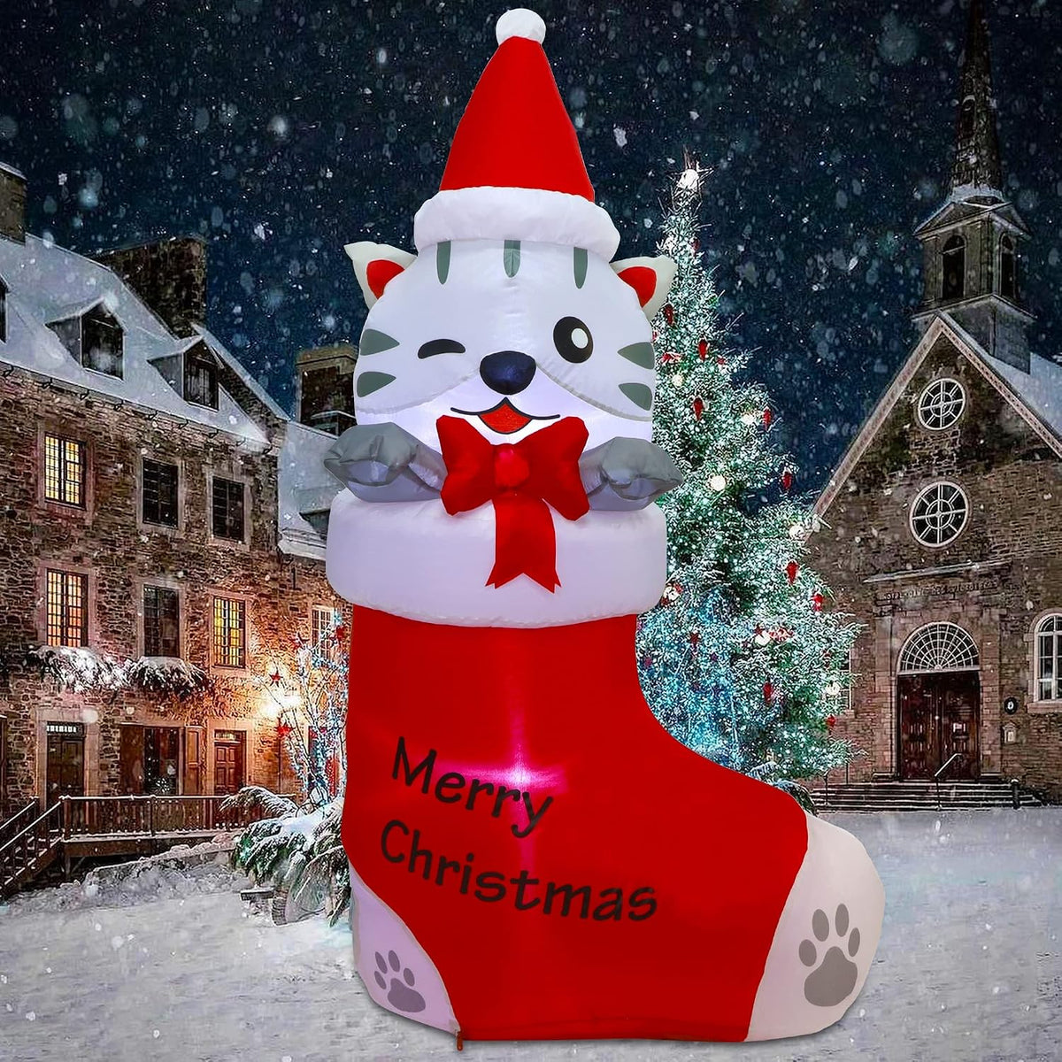 5 FT Inflatable Christmas Decoration - Lighted Kitten in Christmas Stocking for Outdoor Lawn and Garden Decor