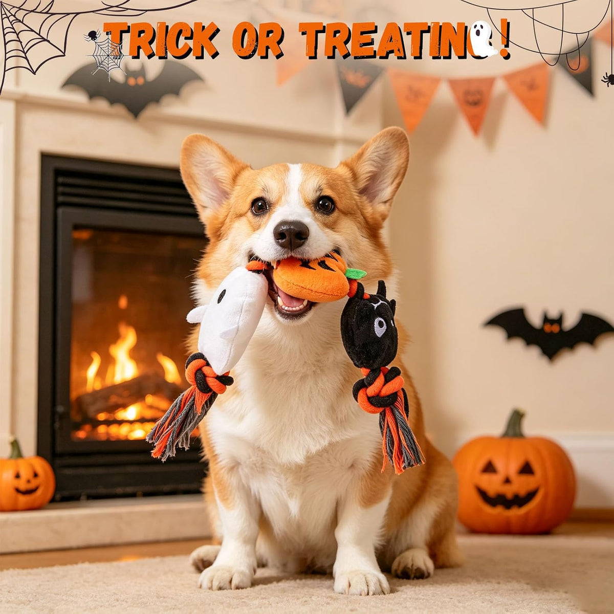 Halloween Squeaky Dog Toy for Small Dog to Keep Them Busy, Interactive Dog Rope Toy with 3 Squeakers, Funny Plush Stuffed Toys for Puppy Pet Tug of War Playing Training, Pumpkin+Spider+Ghost