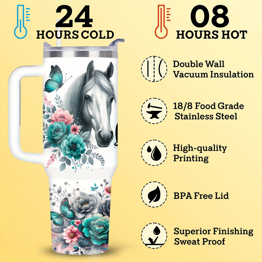 1pc Stainless Steel Tumbler 40oz - Double Wall Vacuum Insulated Travel Mug with Lid, Leak Proof, BPA-Free, Machine Washable, Ideal for Climbing & Sports, Perfect Gift for Horse Lovers, Equestrian, Women, Sister, Animal Enthus