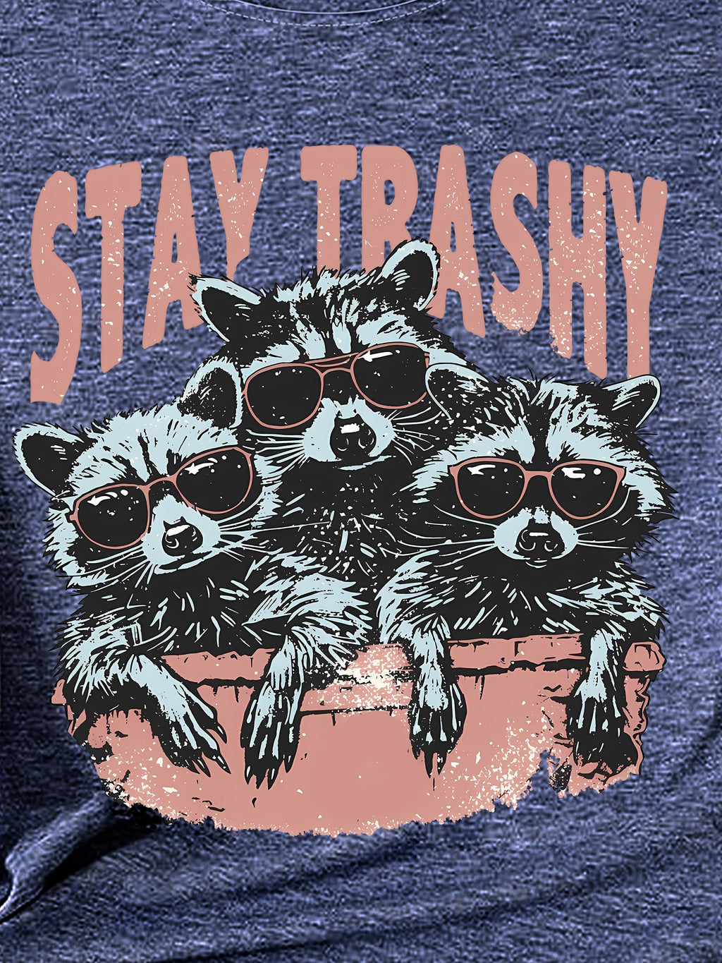 Whimsical Animal Series - Three Little Raccoon Graphic Print Round Neck Short Sleeve Sports T-Shirt - Casual Fashionable, Trendy, Elegant, Retro-Inspired Top for Adult Women