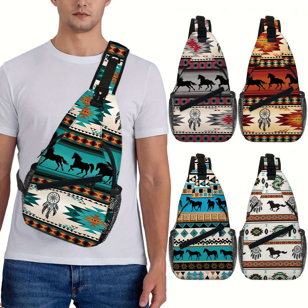 Totem Style Horse Pattern Print Casual Sling Bag, Men's And Women's Crossbody Bag For Travel & Daily Commute