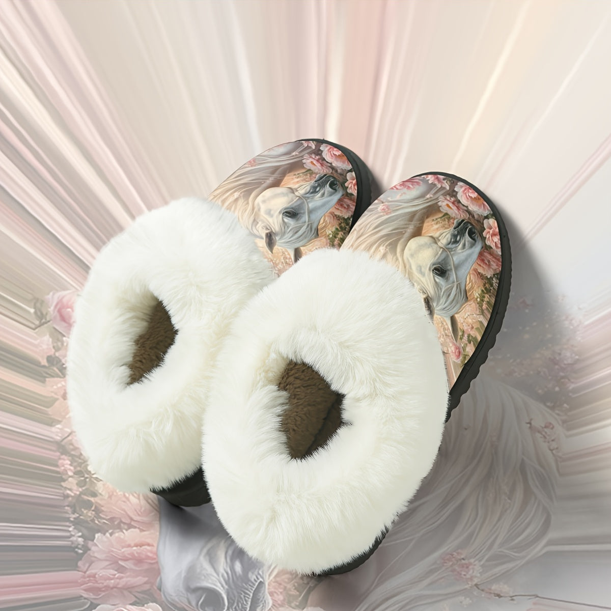 1 Pair Elegant White Horse & Floral Print Plush Slippers - Soft, Non-Slip Rubber Sole, All-Season Indoor/Outdoor House Shoes, Women'S Birthday/Christmas/Halloween Gift - Cozy Home Footwear for Women, Horse Lover Gifts, Indoor