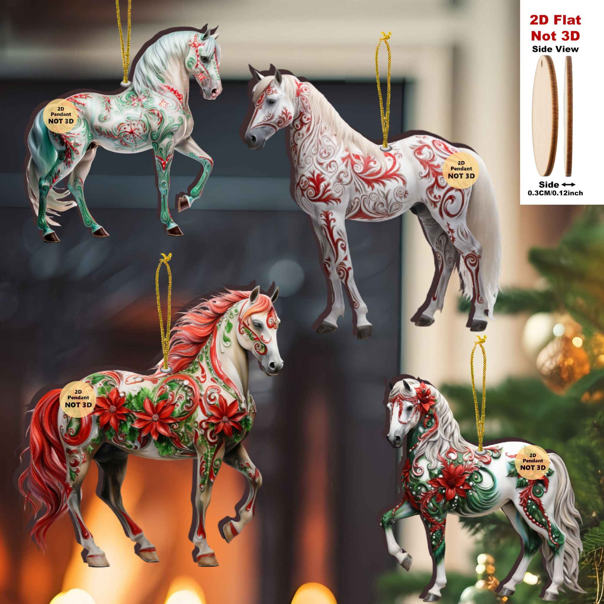 [Handcrafted Wooden Horse] 18pcs Handcrafted Wooden Horse Ornaments - 2D Flat, Festive Christmas Tree Decor with Golden Accents, Ideal for Holiday Home & Gift Tags, Perfect for Christmas, Halloween, Thanksgiving & New Year Ce