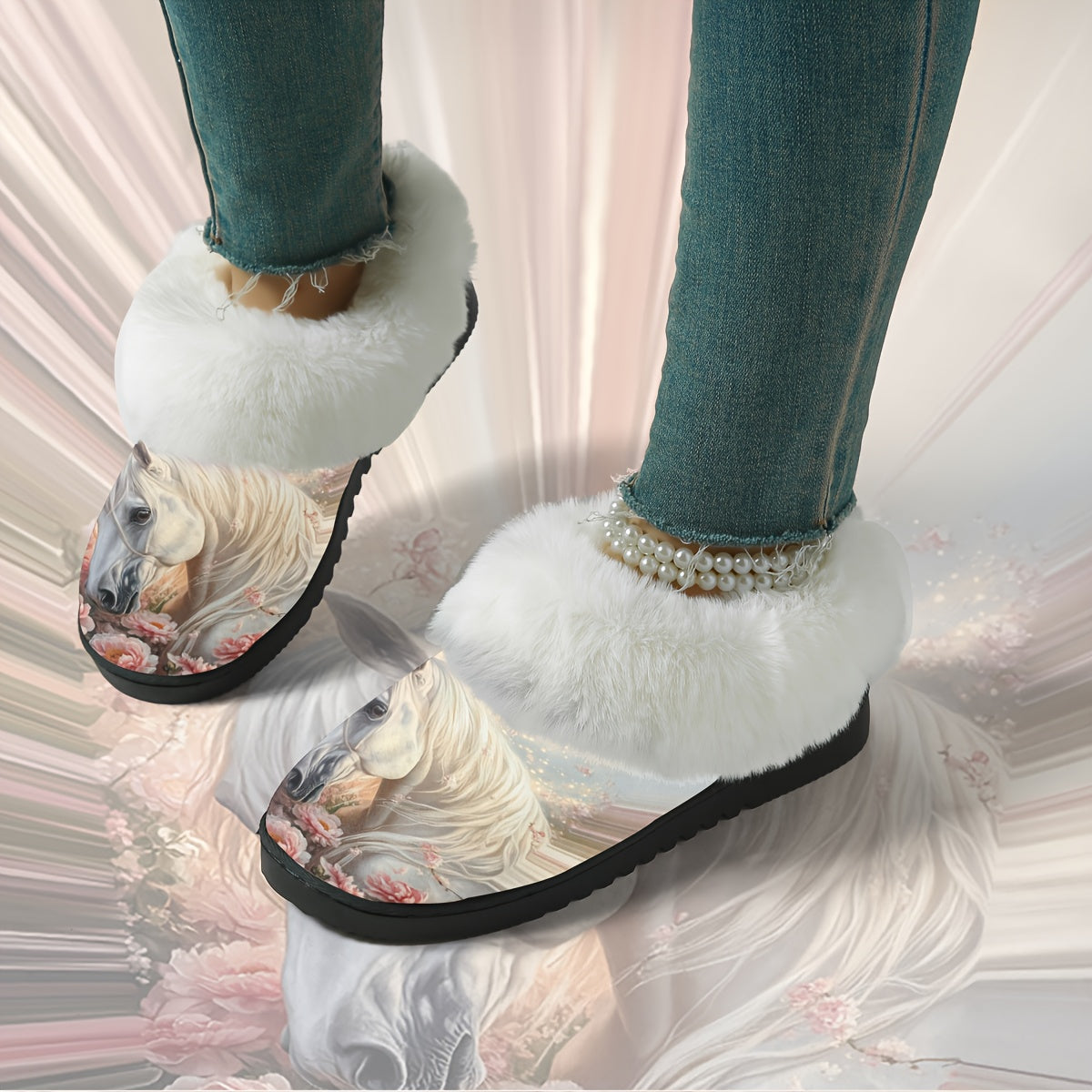 1 Pair Elegant White Horse & Floral Print Plush Slippers - Soft, Non-Slip Rubber Sole, All-Season Indoor/Outdoor House Shoes, Women'S Birthday/Christmas/Halloween Gift - Cozy Home Footwear for Women, Horse Lover Gifts, Indoor