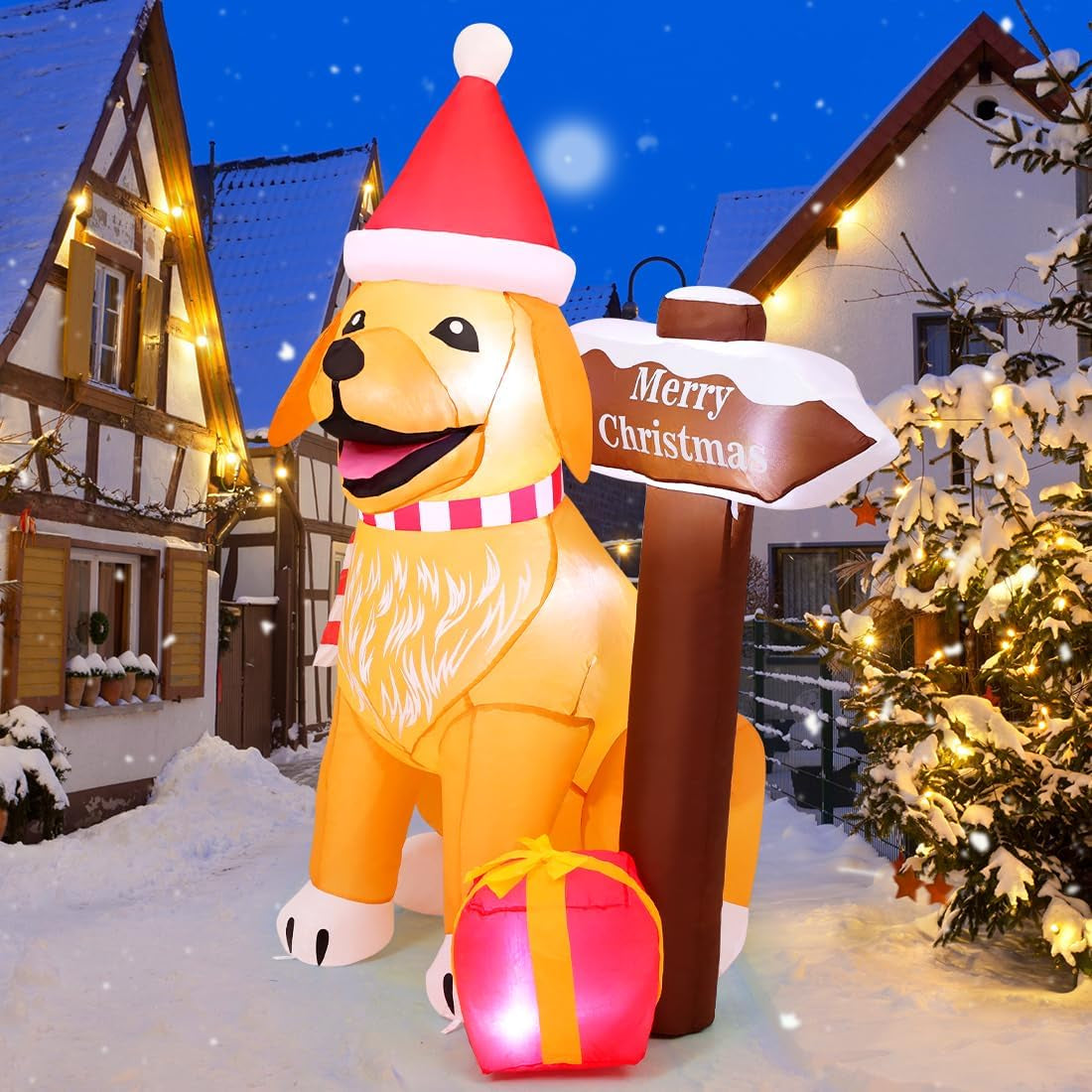 5 FT Inflatable Golden Retriever Christmas Decoration with LED Street Sign for Outdoor and Indoor Holiday Decor