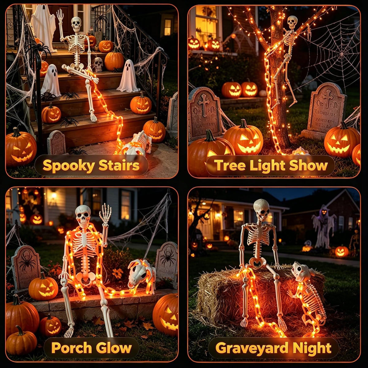 3-Foot Skeleton and Dog Skeleton with Illuminated Chain, Outdoor Halloween Decor