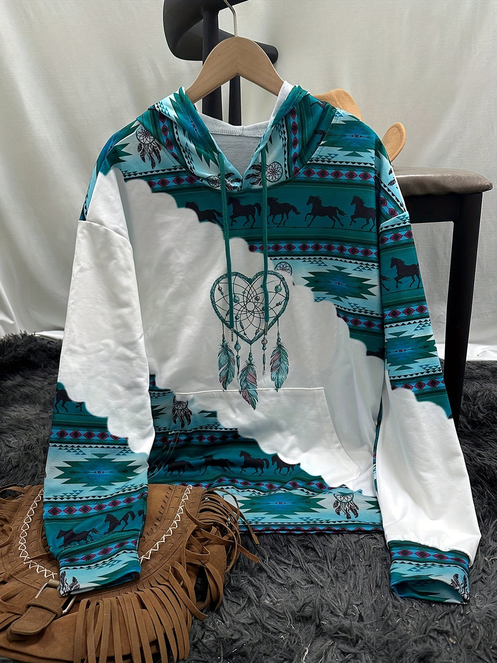 Women's Boho-Chic Western Hoodie with Dreamcatcher & Horse Print - Vintage-Inspired Casual Pullover in Beige, Purple, and White, Polyester Blend, Machine Washable