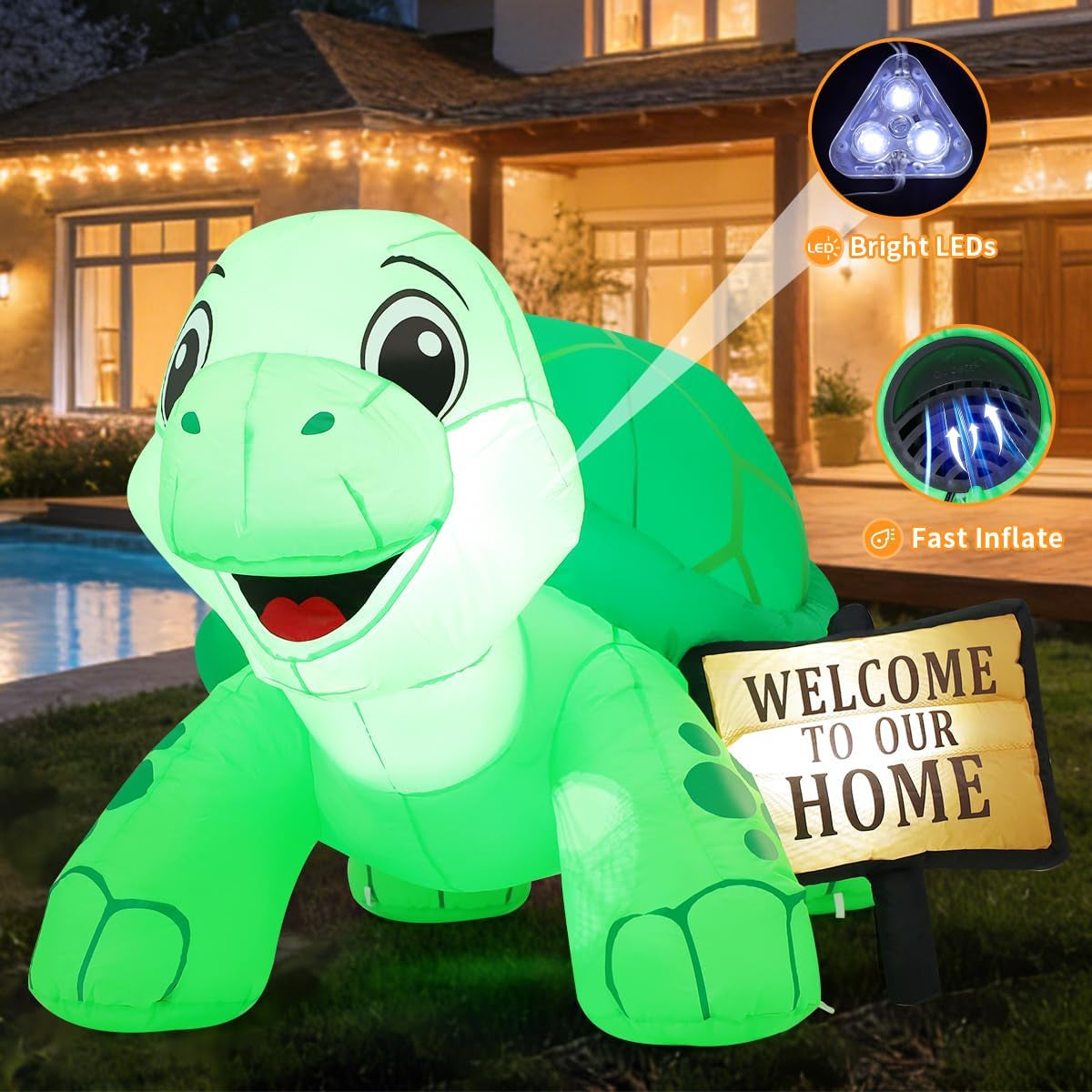 5 FT Inflatable Tortoise Outdoor Decoration with Welcome Sign and Built-in LEDs for Garden and Lawn Parties