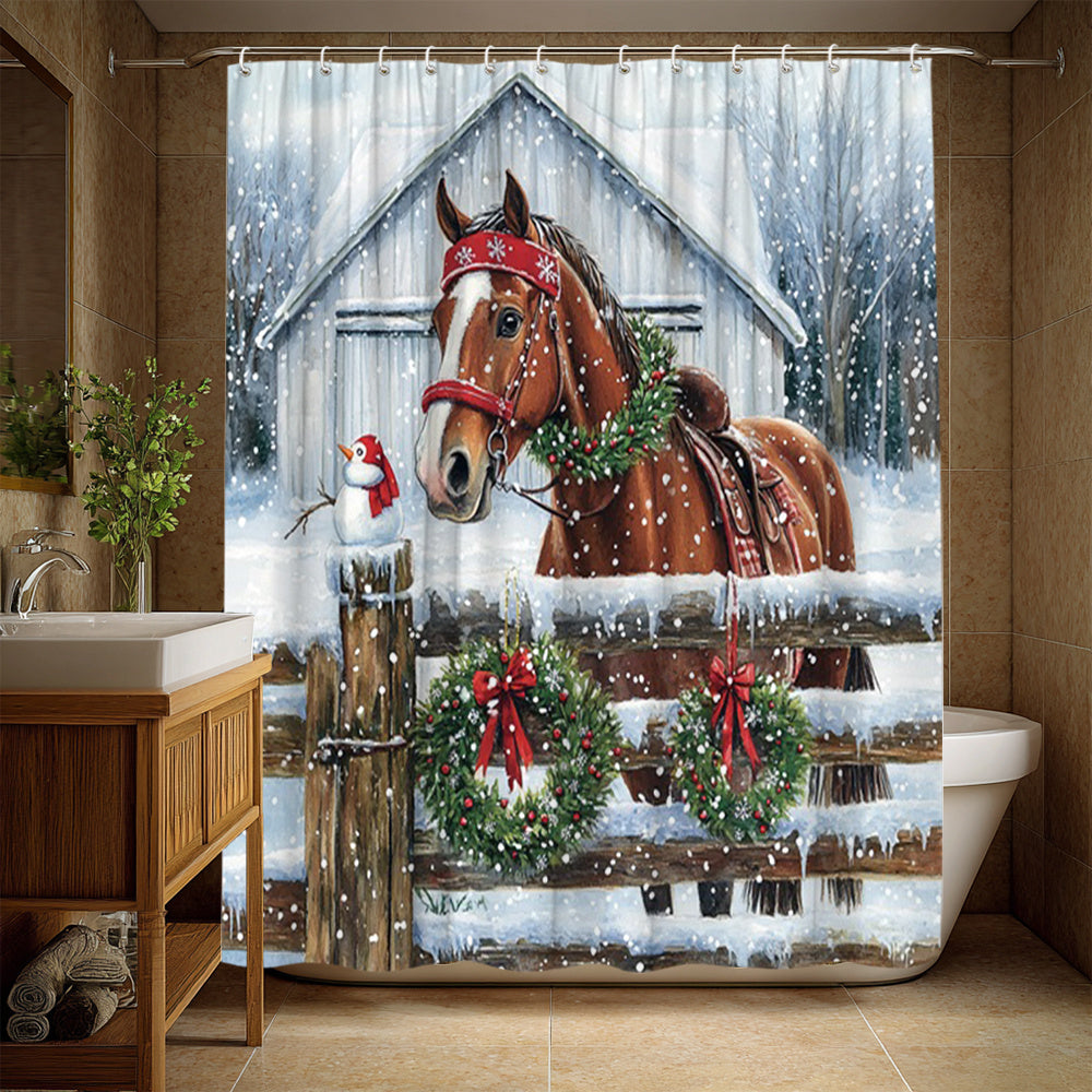 1pc Large Horse-Themed Christmas Shower Curtain - Winter Snowy Barn & Red Truck Design with Wreaths, Snowman, Holly Berries - Washable Bathroom Decor (70.8"x70.8") with 12 Hooks - Farmhouse Holiday Bath Curtain for Horses, 2D