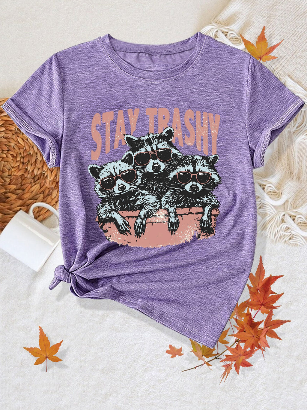 Whimsical Animal Series - Three Little Raccoon Graphic Print Round Neck Short Sleeve Sports T-Shirt - Casual Fashionable, Trendy, Elegant, Retro-Inspired Top for Adult Women