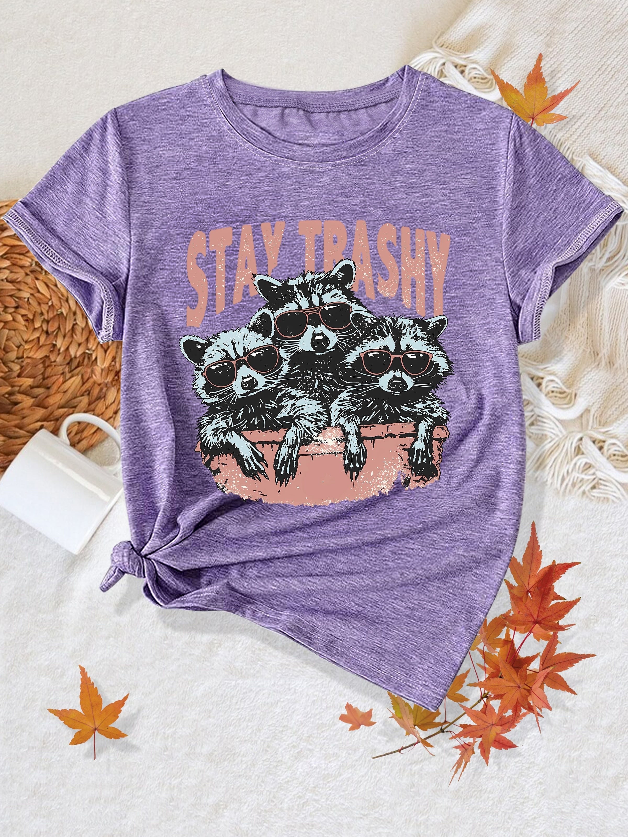 Whimsical Animal Series - Three Little Raccoon Graphic Print Round Neck Short Sleeve Sports T-Shirt - Casual Fashionable, Trendy, Elegant, Retro-Inspired Top for Adult Women