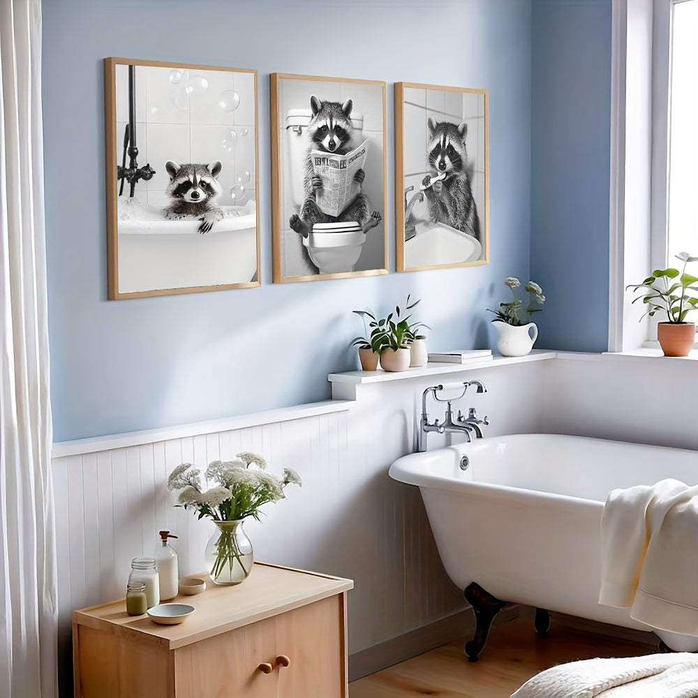 Set of 3 Raccoon Canvas Wall Art Prints - Modern Art Deco Animal Theme, Contemporary Portrait Orientation Black and White Posters for Bathroom, Bedroom, Living Room Decor, Unframed Indoor Hanging Decor