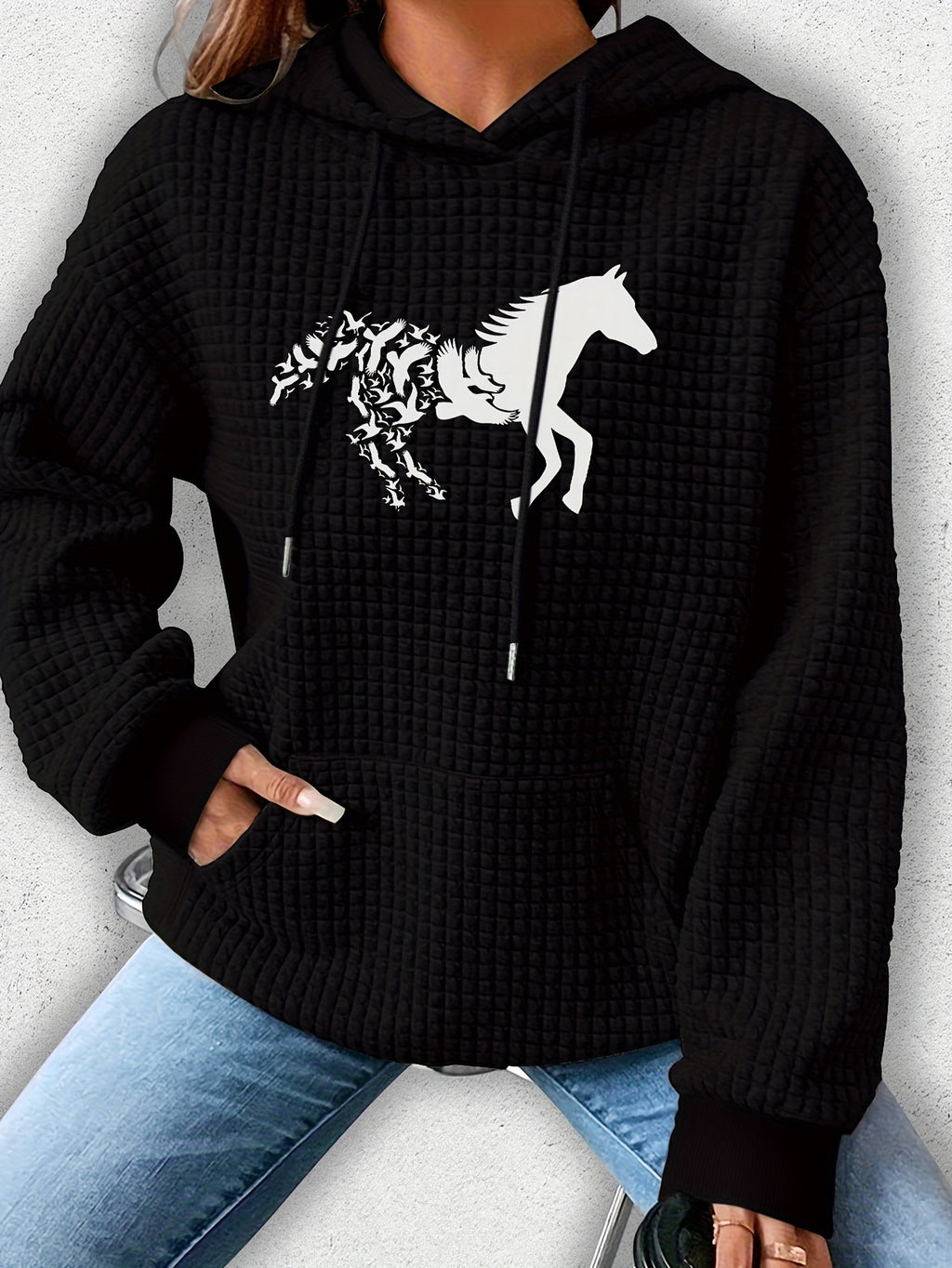 Vibrant Horse Print Waffle Hoodie - Soft, Cozy, and Casual Drawstring Kangaroo Pocket Sweatshirt for Women - Perfect for Fall and Spring Seasons