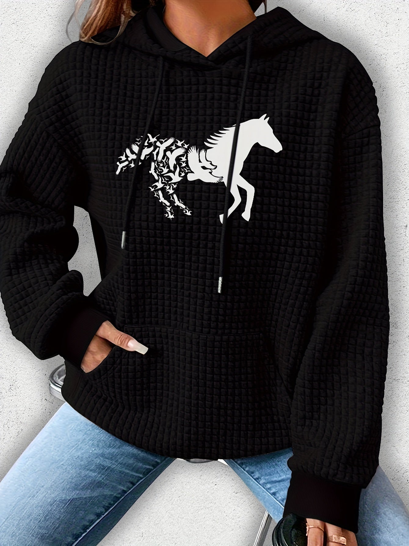 Vibrant Horse Print Waffle Hoodie - Soft, Cozy, and Casual Drawstring Kangaroo Pocket Sweatshirt for Women - Perfect for Fall and Spring Seasons